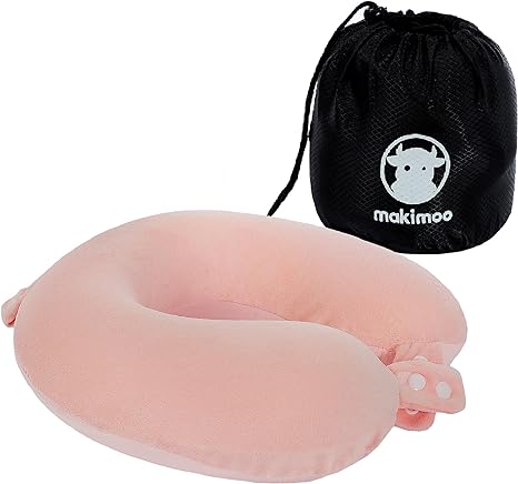 Makimoo Travel Neck Pillow, Top Memory Foam Pillow for Head Support, Ideal for Airplanes, Cars, and Home Recliners, Adjustable and Soft (Pink)