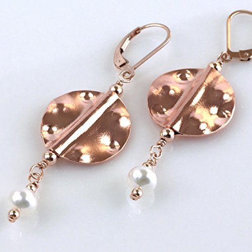 14k Rose Gold Filled Lever Back Earrings with Twisted Disc, Rose Gold Earrings, Freshwater Pearl Earrings, Rose Gold Hammered Disc Earrings, Rose Gold Long Earrings