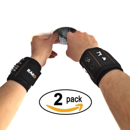 RAK Magnetic Wristband (2 Pack) with 20 Strong Magnets Combined for Holding Screws, Nails, Bolts, Washers, Drill Bits (Black)