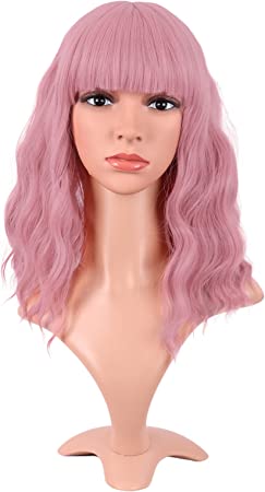 MapofBeauty 14 Inch/35 cm Short Wavy Curly Women Fresh Bright Synthetic Ordinary Flat Bangs Bob Wig (Rouge Pink)