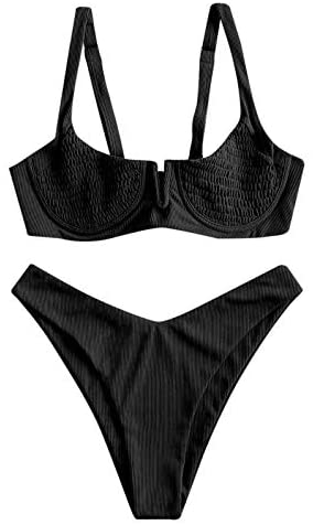 ZAFUL Women's Smocked Tie Shoulder Bikini Set Shirred Underwire Two Pieces Swimsuit