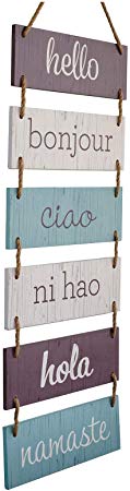 Excello Global Products Large Hanging Wall Sign: Rustic Wooden Decor (Hello, Bonjour, Ciao, Ni Hao, Hola, Namaste) Hanging Wood Wall Decoration (11.75" x 32")