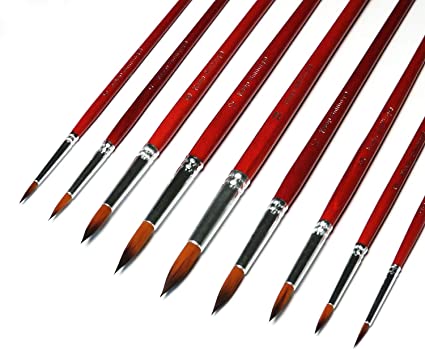 9 Pcs Pointed Round Paint Brushes Set with Synthetic Sable Hair for Fine Art, Miniature, Scale Model Painting in Acrylic, Oil, Watercolor for Students and Professionals