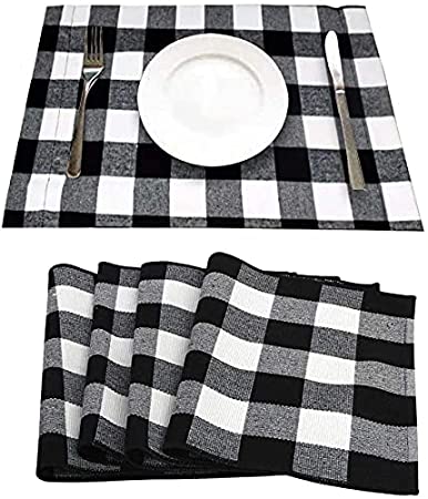YAD 6 PCS Christmas Checked Placemats Buffalo Plaid Placemats Cloth Plaid Placemats Washable Reversible Table Mats for Christmas Holiday Table Decorations (RED Black) (White)