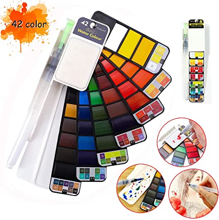 Watercolor Paint Set Foldable 42 Colors with Brush Pen and Palette, Portable Travel Mini Solid Watercolor Painting Kit Gift for Adults Kids Drawing, Artists Field Sketch Set Outdoor Painting Supplies