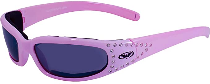 Global Vision Marilyn 3 Padded Motorcycle Sunglasses Pastel Pink Crystal Rhinestone Decorated Frames with Flash Mirror Lenses