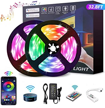 LED Light Strips, YOMYM 32.8ft/10m Led Lights Strip for Bedroom with Color Changing,Bluetooth and Remote Controller RGB LEDs for Alexa Google Android iOS