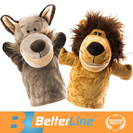 Animal Hand Puppets Set Of 2 by BetterLine - Premium Quality, 9.5 Inches Soft Plush Hand Puppets For Kids- Perfect For Storytelling, Teaching, Preschool, Role-Play Toy Puppets (Lion and Wolf)