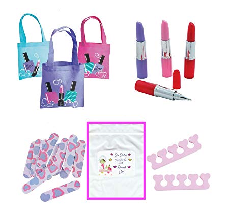 Multiple Girl's Spa Party Favors (12 Tote Bags, 12 Lipstick Tube Shaped Ink Pens, 24 Toe Separators, 12 Emery Boards)