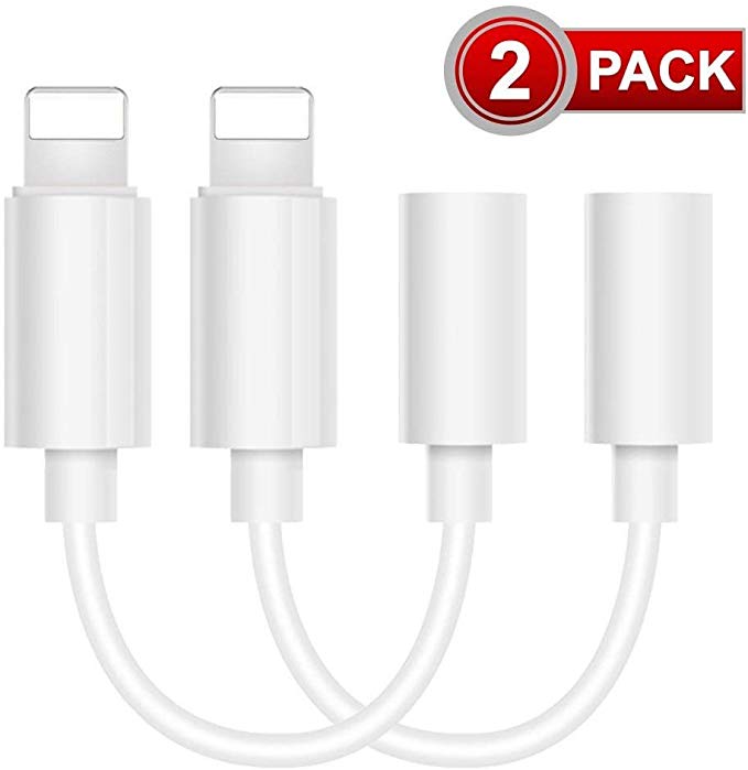 Lighting to 3.5mm Headphone Adapter Earbuds Earphones Adapter 2Pack, Compatible with iPhone X/XS/Max/XR 7/8/8plus iOS 10/11/12 Plug and Play (White)