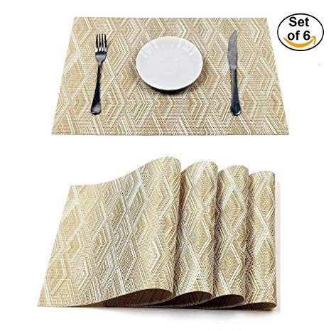 HEBE Durable Placemats for Dining Table Washable Woven Vinyl Kitchen Table Mats Set of 6 Heat Resistant Stain Resistant Place Mats(Gold, 6)