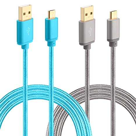 Micro USB Charger 6ft, HI-CABLE High Speed Charge/Sync Nylon Braided Fast Charging Cord for Android Samsung Galaxy S6 S7 Edge, HTC M9, Moto X G, Blackberry, More (2-Pack) -Blue/Gray