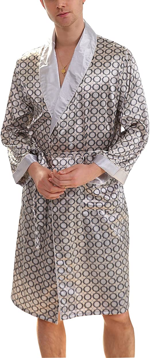 BridalAffair Men's Summer Luxurious Kimono Soft Satin Robe Long-Sleeve Nightgown Printed Pajamas Bathrobes