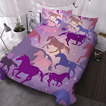 BlessLiving Horse Bedding for Girls Full Size Cute Horse Comforter Cover Set Purple Sparkle Stars 3 Pieces Ultra Soft Kids Teen Boys Duvet Cover and 2 Pillowcases