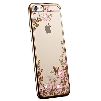 6 Plus Case, Fyee [Secret Floral Series] Slim Dual Flexible TPU Rubber Back Cover with Clear Flower Bling Glitter Stone Diamond Case for iPhone 6 Plus/ 6s Plus 5.5 inch - Golden Edge