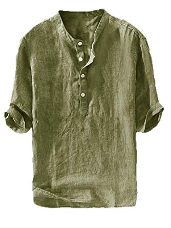 Mens Linen Henley Shirt Casual 3/4 Sleeve T Shirt Pullover Tees V Neck Curved Hem Cotton Shirts Beach Tops