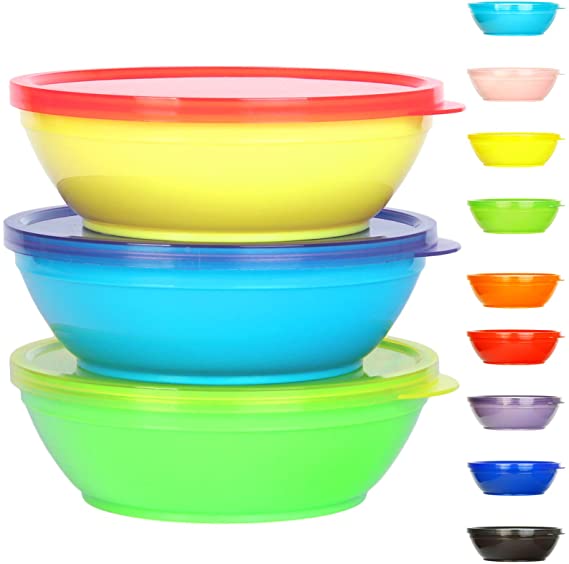 Youngever 18 Pack 8 ounce Kids Bowls with Lids, Small Food Storage Containers, Toddler Bowls with Lids, Microwave Safe, Dishwasher Safe, Set of 18 in 9 Assorted Colors