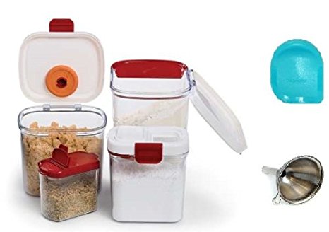 Progressive International Ultimate Keeper Set Includes Flour, Brown Sugar, Powdered Sugar, and Mini Keeper Set. Includes Free Stainless Steel Mini Funnel and pan Scraper