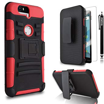 Nexus 6P Case, Circle [Heavy Duty] Combo Rugged Shell Cover Holster with Built-in Kickstand and Holster Locking Belt Clip   Circle(TM) Stylus Touch Screen Pen And Screen Protector Red