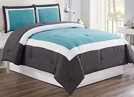 Grand Linen 3 piece AQUA BLUE/DARK GREY/WHITE Goose Down Alternative Color Block Comforter set, CAL KING size Microfiber bedding, Includes 1 Oversize Comforter and 2 Shams