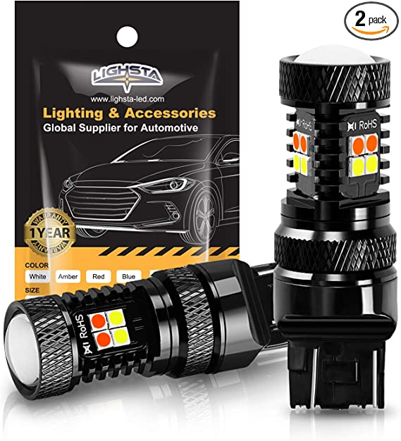 LIGHSTA 7443 7444NA 7441 7440 T20 Switchback LED Bulbs, Extremely Bright White/Amber Yellow 3030 Chipsets with Projector for Daytime Running Lights/DRL and Turn Signal Lights(Pack of 2)
