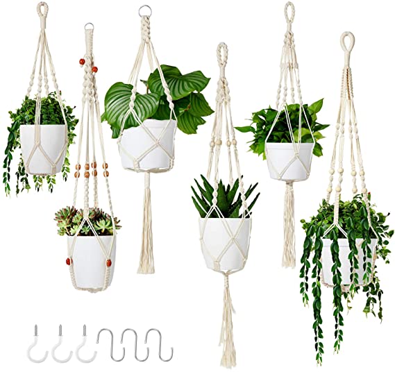 Tatuo 6 Pieces Macrame Plant Hangers with 6 Pieces Hooks Indoor Hanging Planter Basket Flower Pot Holder Handmade Rope Hanging Planters Set for Indoor and Outdoor Home Decor