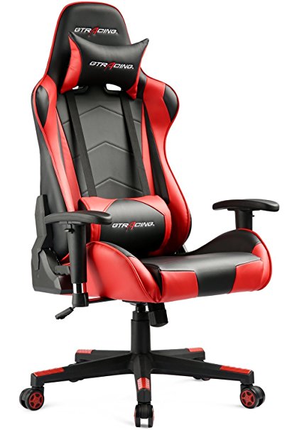 GTracing Gaming Office Chair Game Racing Ergonomic Backrest and Seat Height Adjustment Computer Chair with Pillows Recliner Swivel Rocker Headrest and Lumbar Tilt E-Sports Chair (Red)
