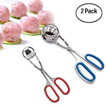 2 PCS None-Stick Meat Ballers with Anti-Slip Handles， Stainless Steel Meat Baller Tongs, Cake Pop Meatball Maker Ice Tongs, Cookie Dough Scoop for Kitchen. (1.38" and 1.78")