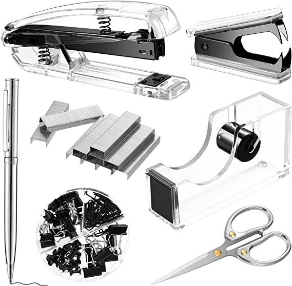 Outus Office Supplies Set Desk Accessory Kit, Acrylic Stapler Set Staple Remover, Tape Dispenser, Binder Clips, Paper Clips, Ballpoint Pen and Scissor with 1000 Pieces 26/6 Staples (Black)