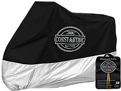 Motorcycle Cover | Constantine XL | Heavy Duty, UV Resistant, Washable | Fits Harley Davison,Yamaha, Honda, and more (Black & Silver ) - 109" L x 40" W x 55" H