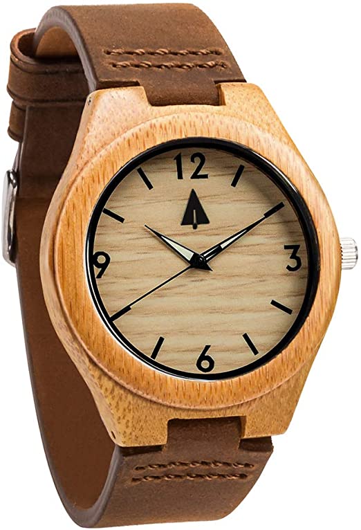 Treehut Mens Wooden Bamboo Watch with Genuine Brown Leather Strap Quartz Analog with Quality Miyota Movement, 1.7 inches