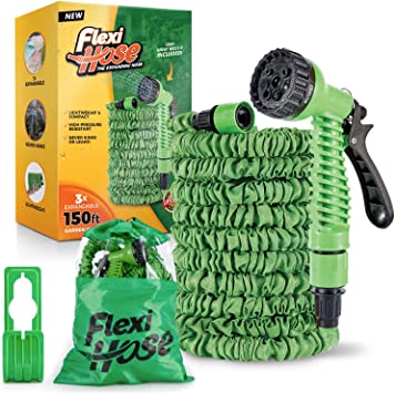 Flexi Hose 150 Foot Expandable Garden Hose with 8 Function Spray Nozzle - Durable Brass Fittings for Leak-Proof and Kink-Free Garden Hose - Extra-Strength, Flexible, Lightweight
