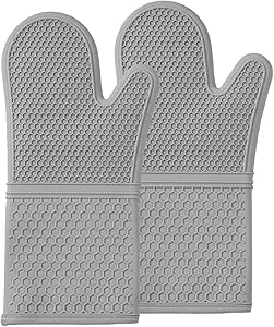 Comfy Grip 14 x 7.3 Inch Baking Mitts, 1 Food-Grade Cooking Glove Set - 2-Piece Set, Oven-Ready Up to 484F, Gray Silicone Oven Mitt Gloves, Honeycomb Texture, with Soft Cotton Lining - Restaurantware