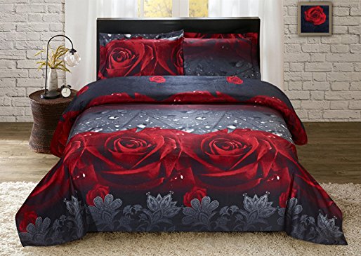 Luxurious 3D Bed Sheet Set Wild Life Animals,Flowers and Scenery Print Red Roses in Black in Queen King Size (Queen, ROSELOVE-Y28)