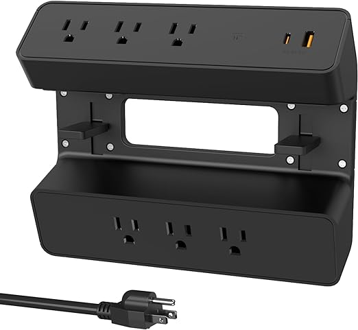 Desk Mountable Power Strip,Surge Protector,Overload Protection,Removable Power Outlet Socket Under Desk 6AC Outlets with 1 USB-A Ports,1 PD 20W Fast Charging USB-C Port,6.5 ft Extension Cord