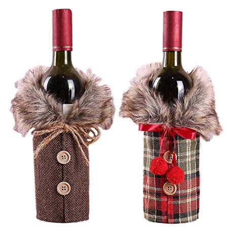 2pcs Christmas Sweater Wine Bottle Cover, Newest Collar & Button Coat Design Wine Bottle Sweater Wine Bottle Dress Sets Xmas Party Decorations (Style A)