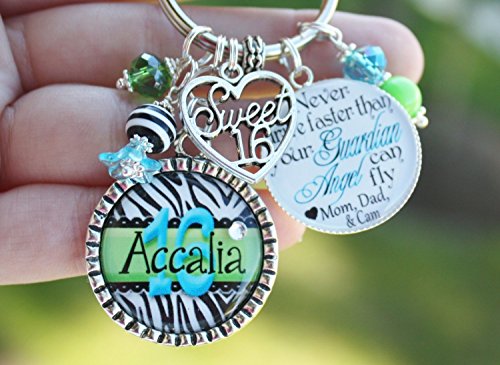 Personalized Custom Zebra Print Sweet 16 Sixteen Name Key Chain Never Driver Faster Than your Guardian Angel Can Fly Lime Turquoise Your Color Choice