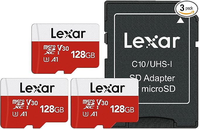 Lexar E-Series 128GB Micro SD Card 3 Pack, microSDXC UHS-I Flash Memory Card with Adapter, 100MB/s, C10, U3, A1, V30, Full HD, 4K UHD, High Speed TF Card