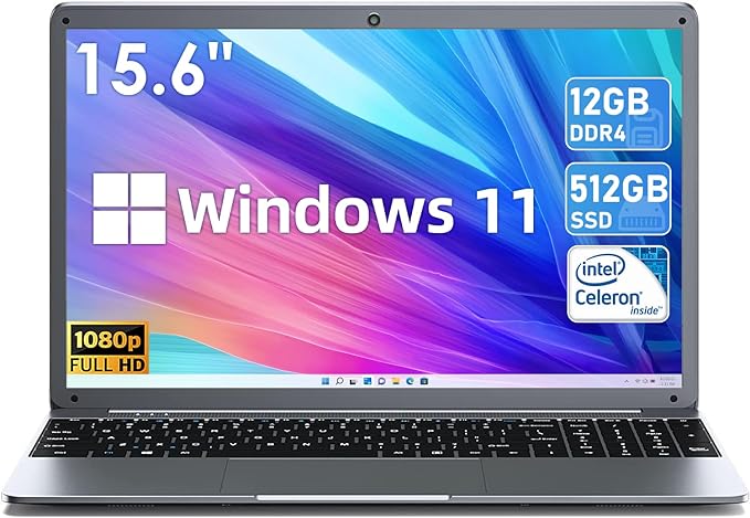 SGIN Laptop, 15.6 Inch Laptops Computer, with Intel Celeron N5095 Processor(Up to 2.9GHz), 12GB DDR4 512GB SSD, FHD 1920x1080 Display, Webcam, WiFi, Bluetooth 4.2