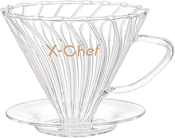 X-Chef Glass Coffee Dripper, Pour-Over Coffee Cone Filter Brewer, 1-2 Cups, White