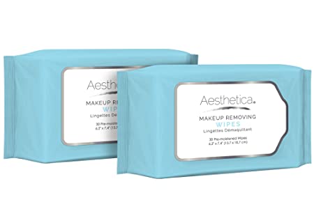 Aesthetica Makeup Removing Wipes - Facial Cleansing Towelettes - Hypoallergenic & Dermatologist Tested Make up Remover - Oil & Fragrance Free - Made in USA - 2 Pack (60 wipes total)