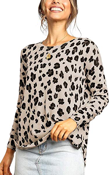 Angashion Women's Casual Leopard Printed Crewneck Long Sleeve High Low Knitted Pullover Tunic Sweater Tops