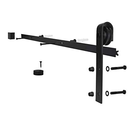 8ft Sliding Barn Door Hardware Track Kit Heavy Duty Sturdy Factory Outlet Carbon Steel- Ultra Smoothly and Quietly Design-Easy Installation-Fit 45"-48" Wide Door Panel-(J Shape Hanger,Black)