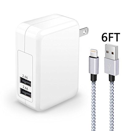 AOFU iPhone Charger,4.8A 24W Dual USB Portable Travel Wall Charger with Foldable Plug 6FT Long Apple Lightning Cable Charging Cord for iPhone 7/7Plus/6S/6S Plus/6/5S/SE/5C,iPad Air(Gray&White)