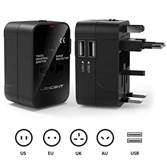 International Travel Adaptor, LENCENT All in One Universal Global Power Adapter, 2 USB Charging Ports Europe UK/USA/EU/AUS Worldwide Wall Plug Charger Converter for Laptops,Phones,Tablets and More