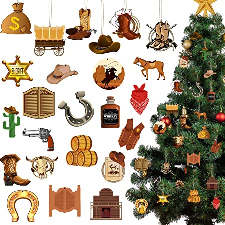 24 Pcs Christmas Western Cowboy Ornaments Wood Hanging Christmas Tree Ornaments Western Party Decorations Wooden Cowgirl Farm Hat Boot Wild Western Cow Horse Ornaments for Xmas Tree Decoration