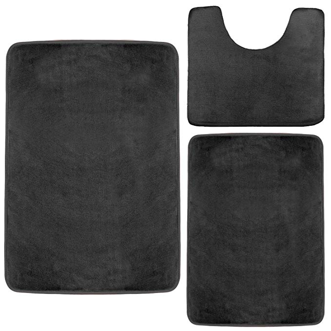 Clara Clark Memory Foam Bath Mat, Ultra Soft Non Slip and Absorbent Bathroom Rug. – Black, Set of 3 - Small/Large/Contour