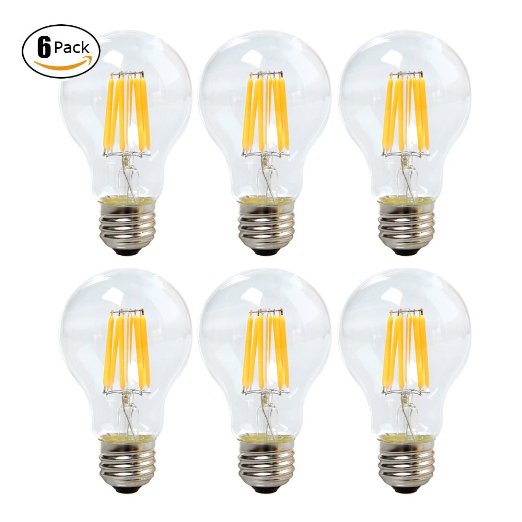 KINGSTAR A19 6W LED Filament Bulb Equivalent to 60W Incandescent Light Bulbs E26 Base 580LM Warm White 2700K 120V 360 Degree Beam Angle Certified by UL Dimmable - 6 Pack