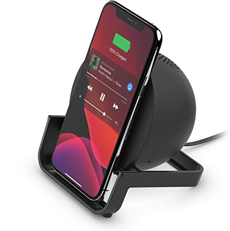 Belkin Wireless Charging Speaker (Wireless Charging Stand   Bluetooth Speaker Charger) Charge While Listening to Music, Streaming Videos, Video Calls (AUF001ttBK)