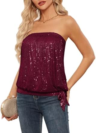 GRACE KARIN Sequin Tops for Women Sparkly Elastic Ruched Twist Knot Tie for Party